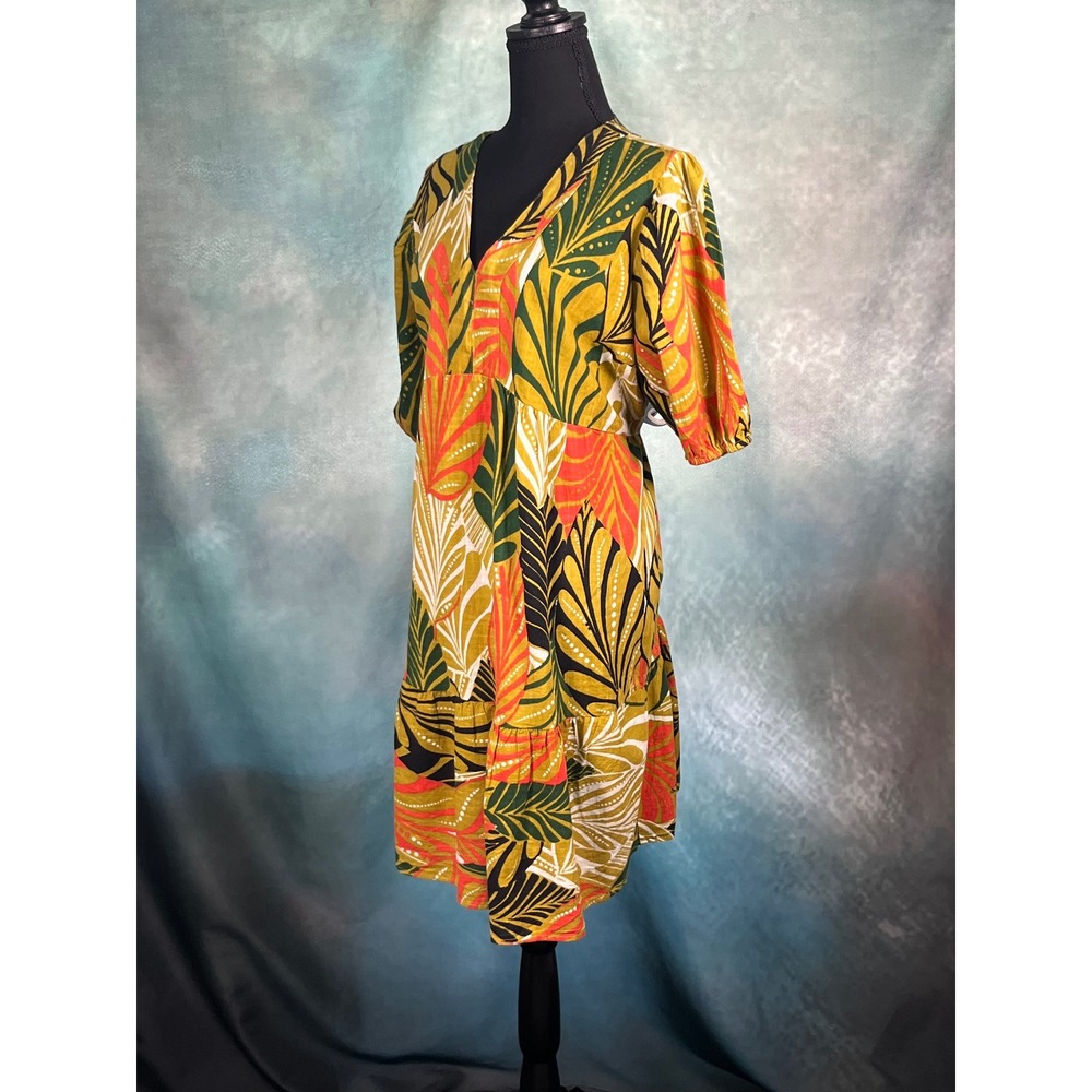 Mlle Gabrielle Womens Mustard Tropical Leaf Print Cotton V-Neck Midi Dress Large - Picture 2 of 7